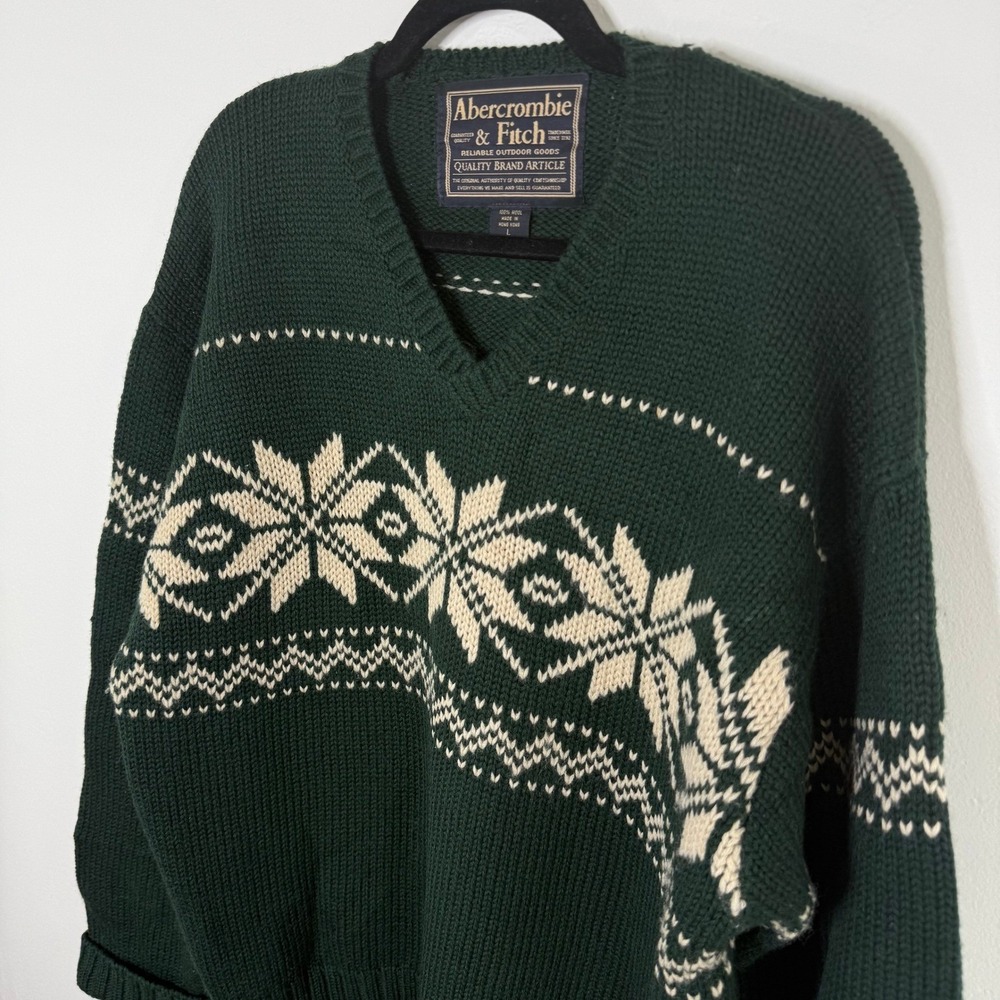 Vintage Abercrombie & Fitch Wool Sweater Green Fair Isle Nordic Ski Snowflake L - Picture 6 of 11